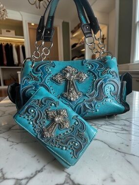 Justin West Turquoise Embellished Shoulder Bag with Matching Wallet